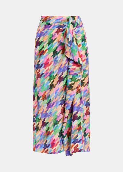 Kleurrijke gedrapeerde zijden midirok met geometrische print