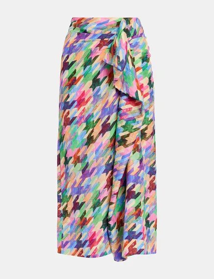 Kleurrijke gedrapeerde zijden midirok met geometrische print