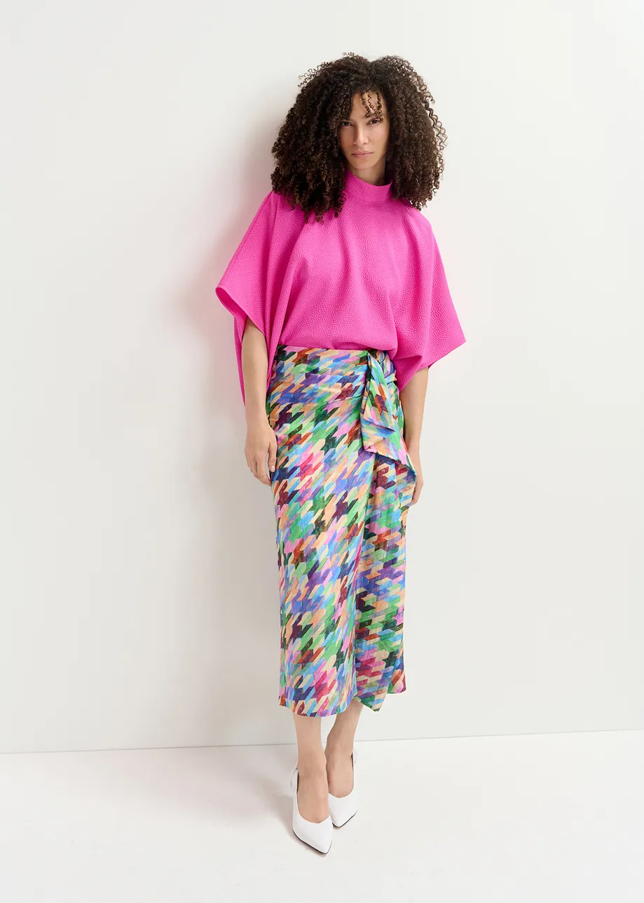 Multicolor silk draped midi skirt with geometric print