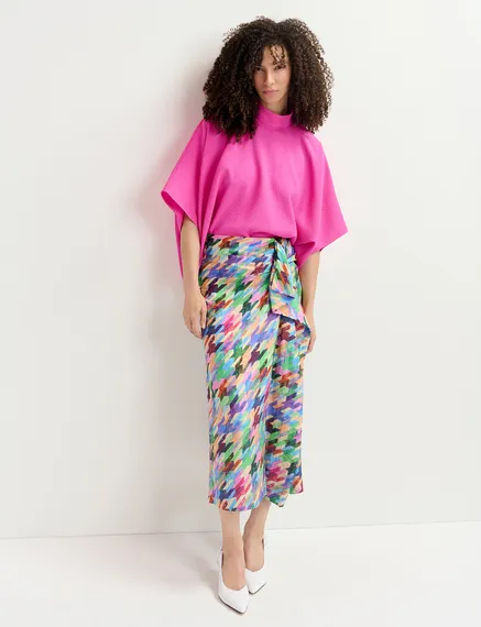 Multicolor silk draped midi skirt with geometric print