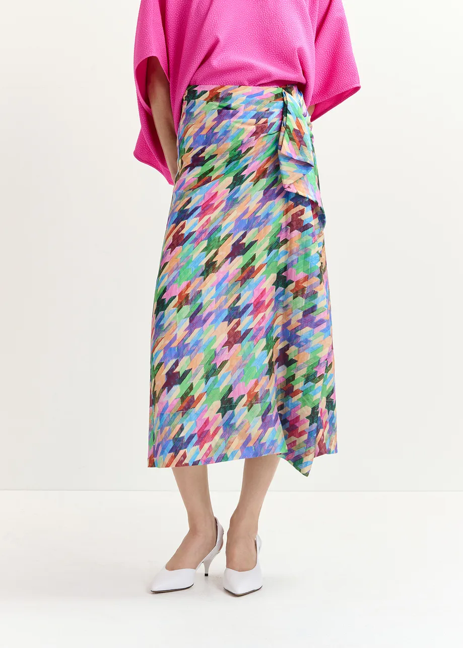 Multicolor silk draped midi skirt with geometric print