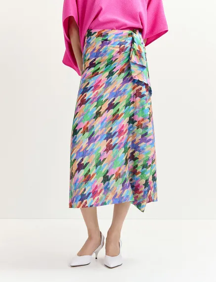 Multicolor silk draped midi skirt with geometric print