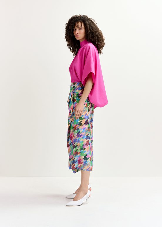 Multicolor silk draped midi skirt with geometric print