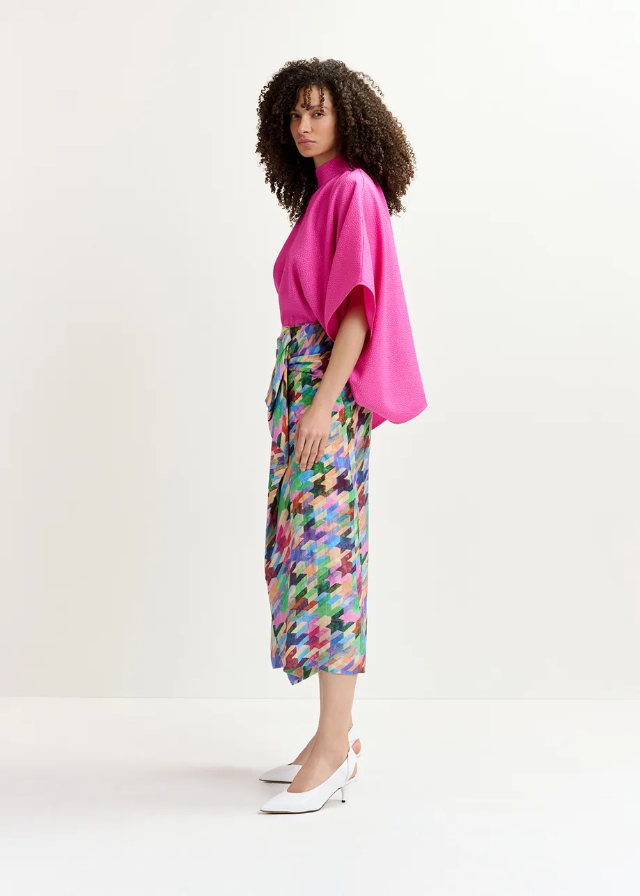 Multicolor silk draped midi skirt with geometric print