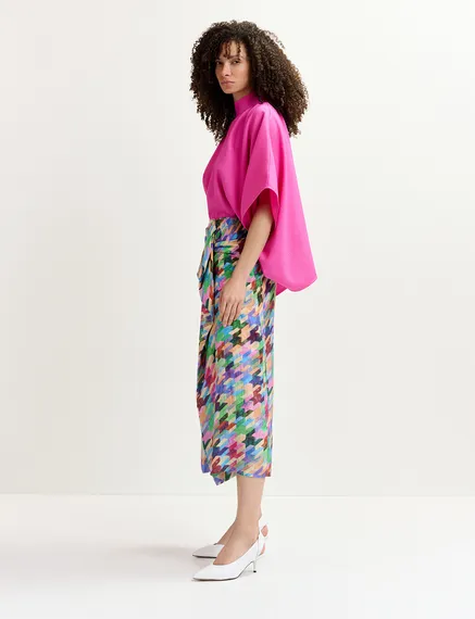 Multicolor silk draped midi skirt with geometric print