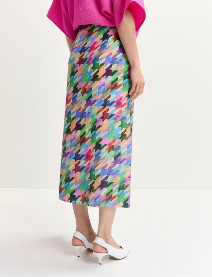 Kleurrijke gedrapeerde zijden midirok met geometrische print