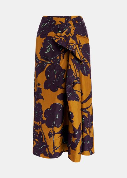 Bronze silk draped midi skirt with floral print