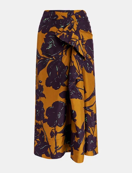 Bronze silk draped midi skirt with floral print