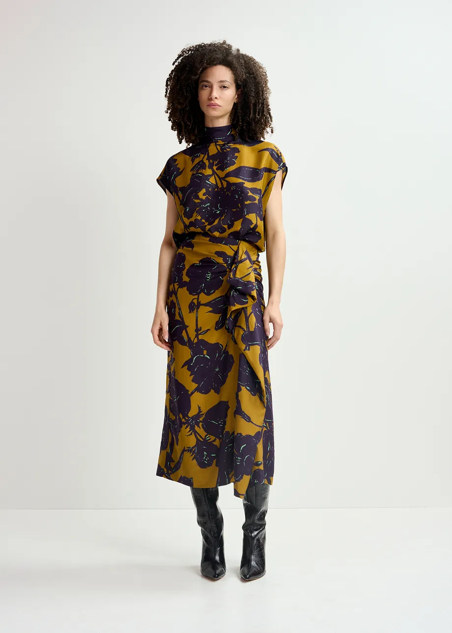 Bronze silk draped midi skirt with floral print