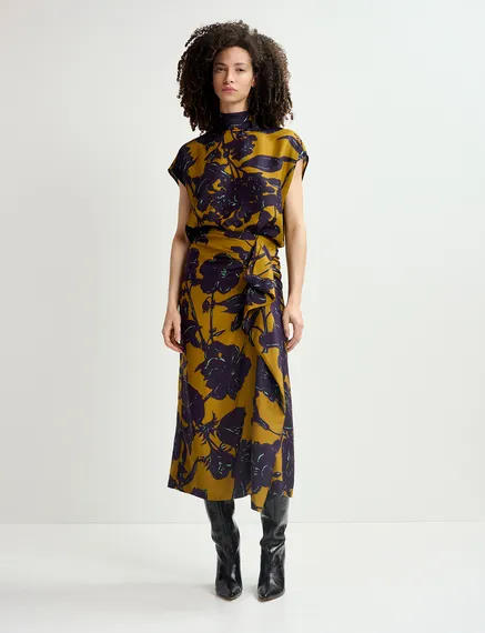 Bronze silk draped midi skirt with floral print