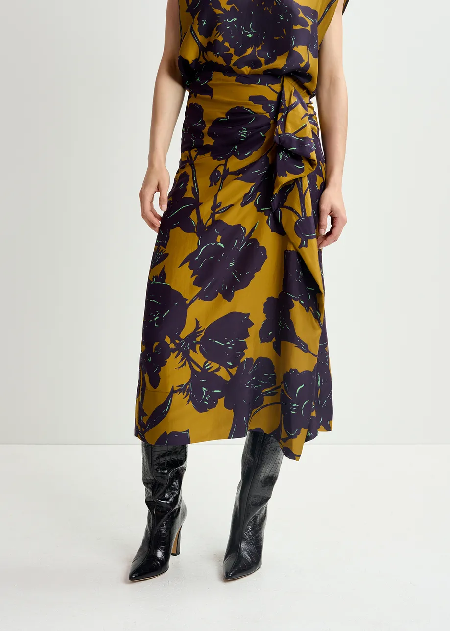 Bronze silk draped midi skirt with floral print