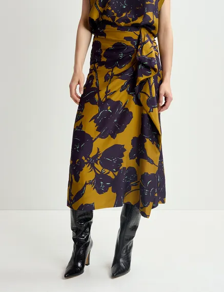 Bronze silk draped midi skirt with floral print