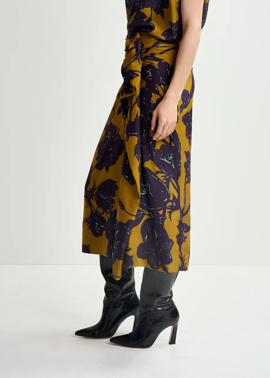 Bronze silk draped midi skirt with floral print