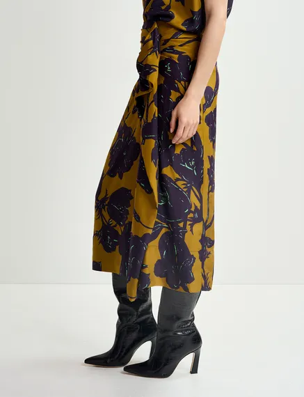 Bronze silk draped midi skirt with floral print