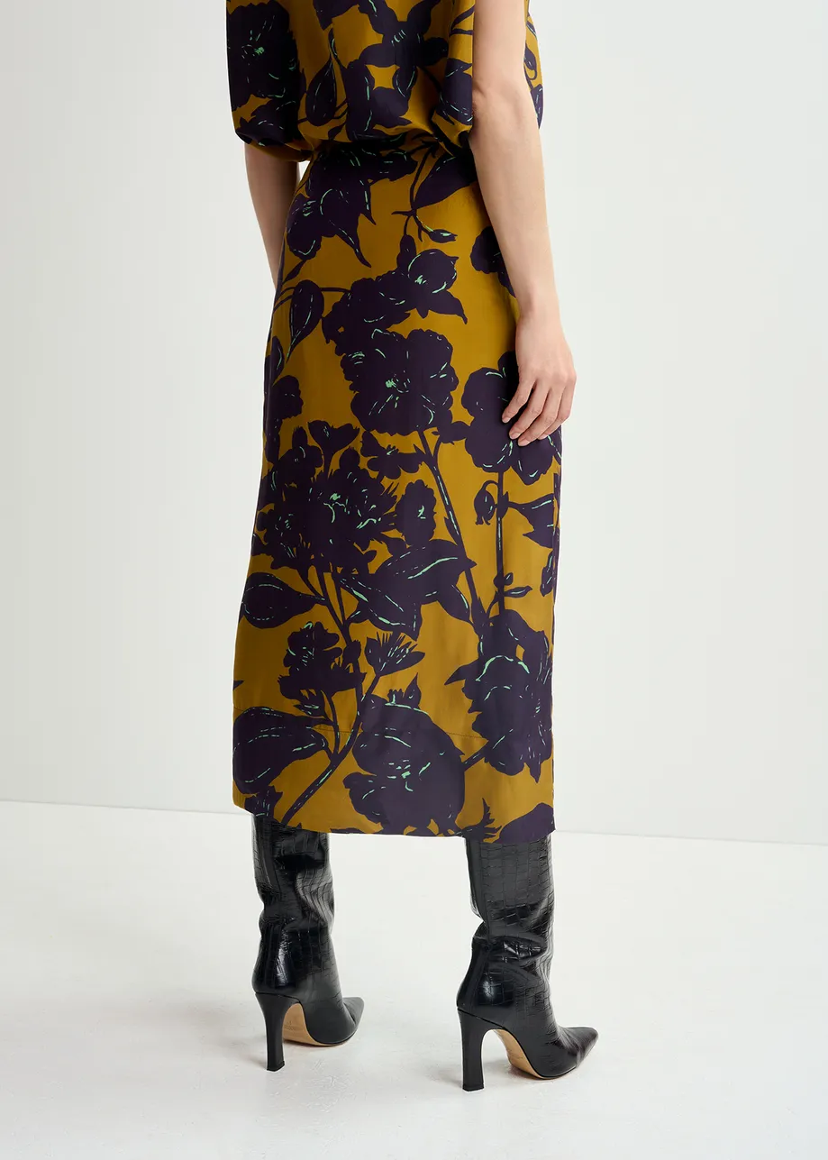 Bronze silk draped midi skirt with floral print