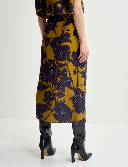 Bronze silk draped midi skirt with floral print