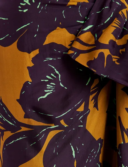 Bronzen gedrapeerde zijden midirok met bloemenprint