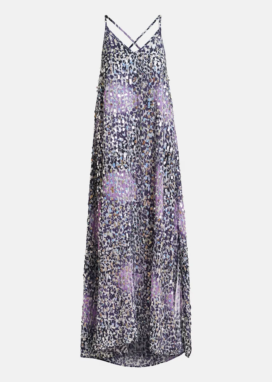 Robe léopard blanc cassé, lilas et violette à paillettes