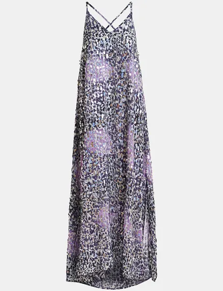 Robe léopard blanc cassé, lilas et violette à paillettes