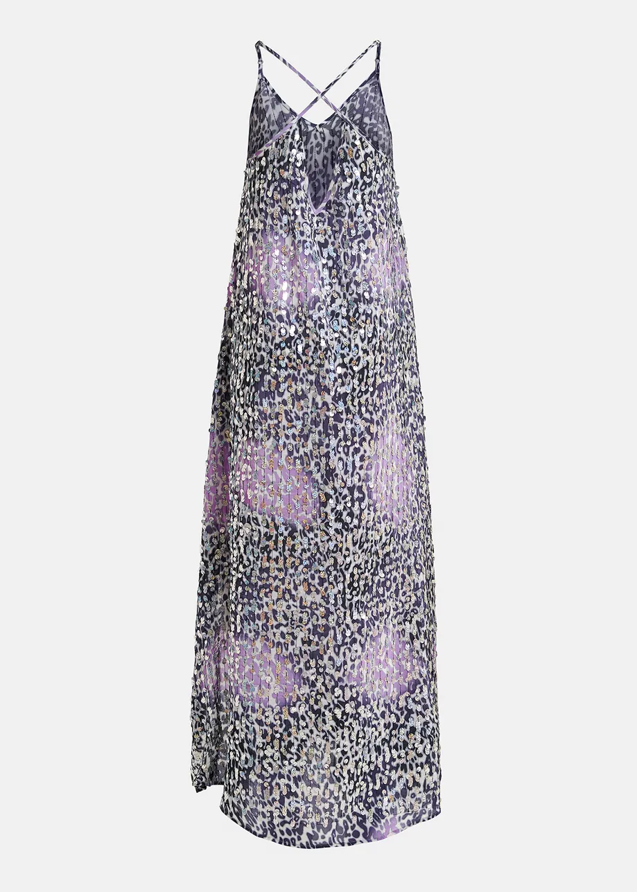 Off-white, lilac and purple leopard-print dress with sequins