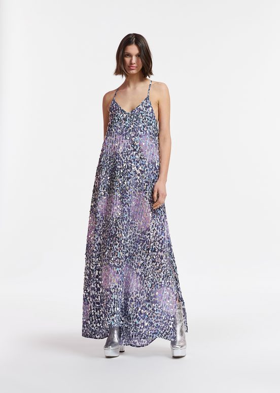 Off-white, lilac and purple leopard-print dress with sequins