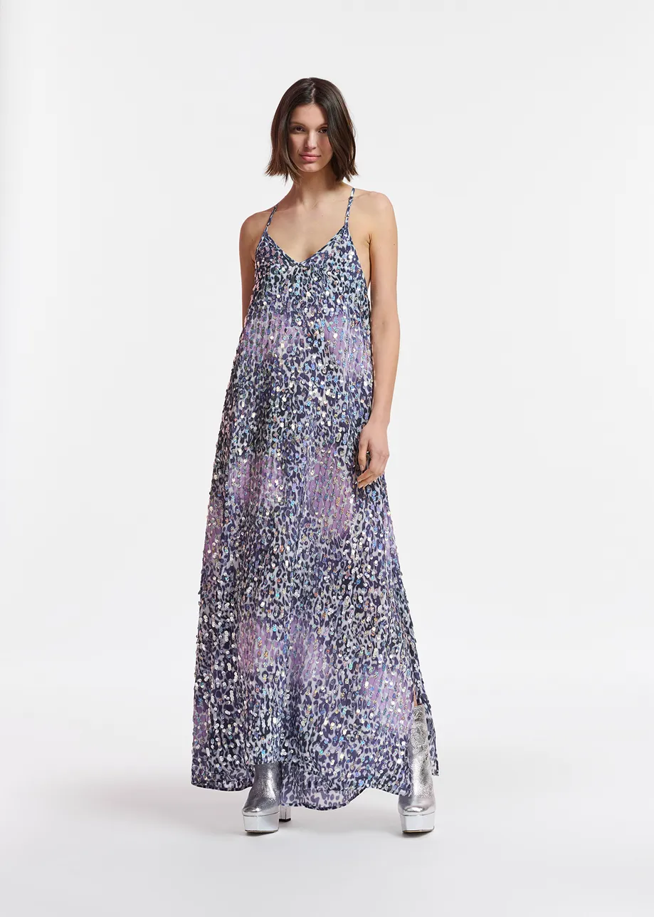 Robe léopard blanc cassé, lilas et violette à paillettes