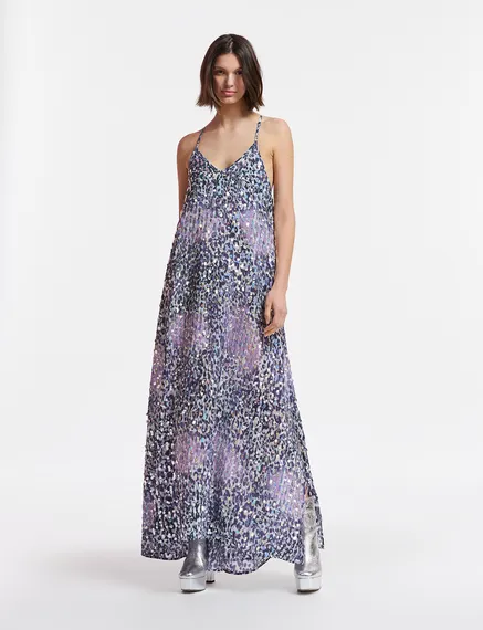 Robe léopard blanc cassé, lilas et violette à paillettes