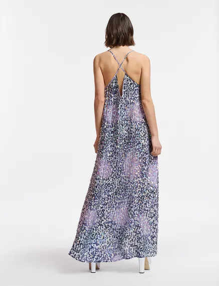 Robe léopard blanc cassé, lilas et violette à paillettes