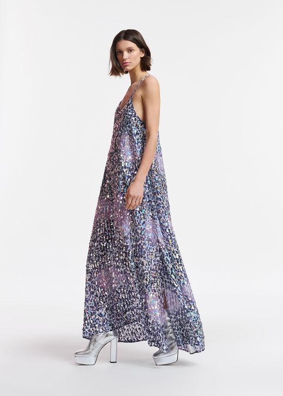 Robe léopard blanc cassé, lilas et violette à paillettes