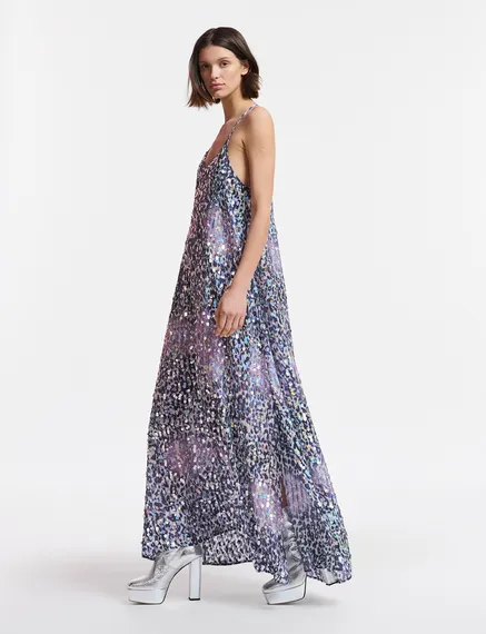 Robe léopard blanc cassé, lilas et violette à paillettes