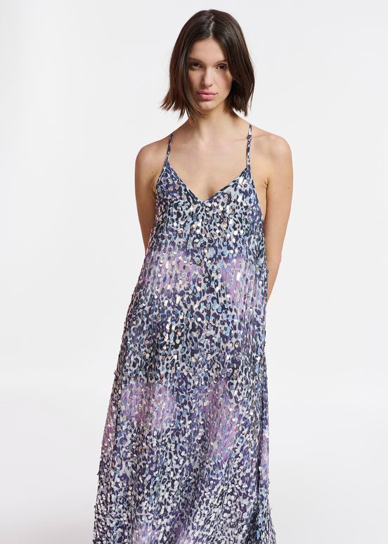 Off-white, lilac and purple leopard-print dress with sequins