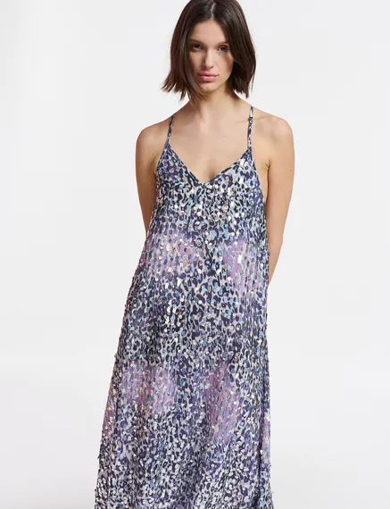 Cremefarbenes, fliederfarbenes und violettes Kleid mit Leoparden-Print und Pailletten