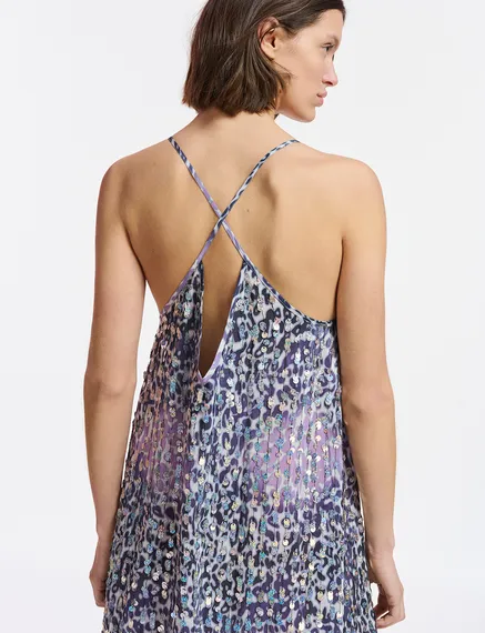 Off-white, lilac and purple leopard-print dress with sequins