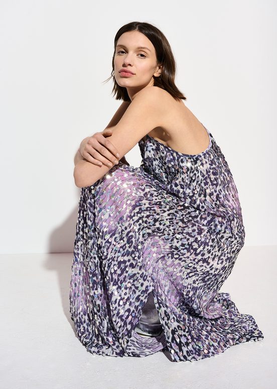 Vestido con estampado de leopardo y lentejuelas, blanco roto, lila y morado