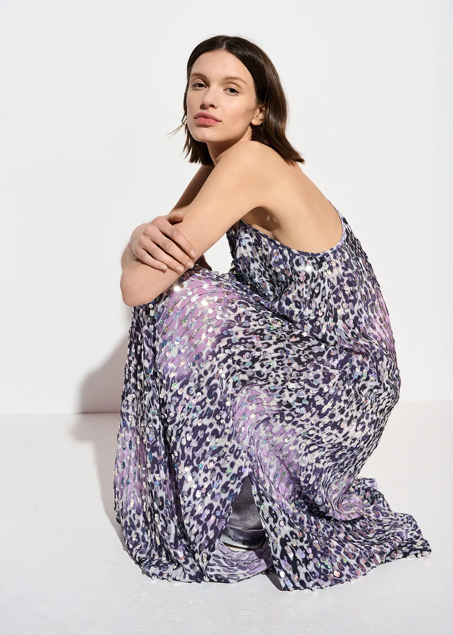 Cremefarbenes, fliederfarbenes und violettes Kleid mit Leoparden-Print und Pailletten