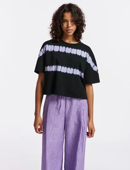 Black and lilac T-shirt with tie-dyed print