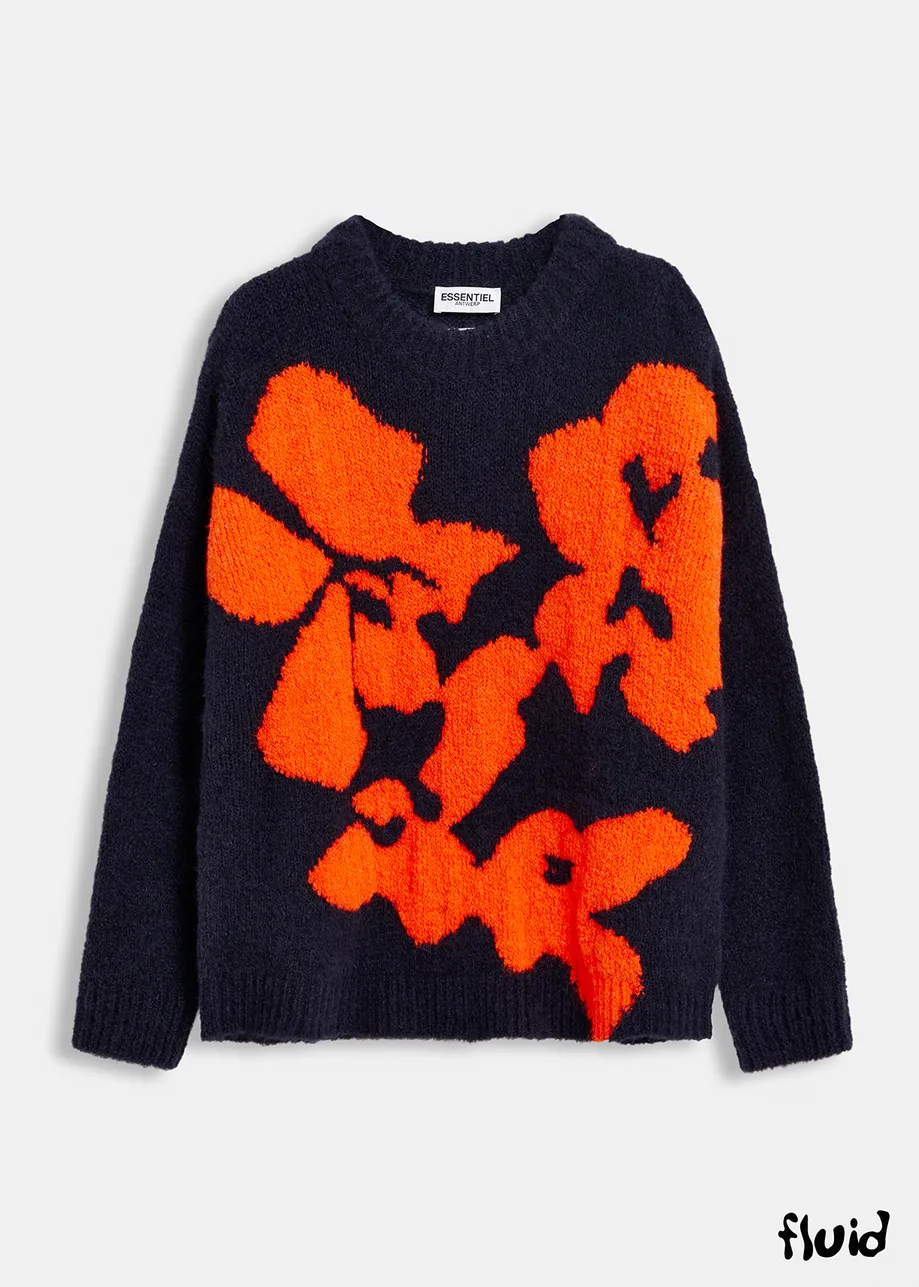 Navy blue and red floral intarsia-knitted sweater