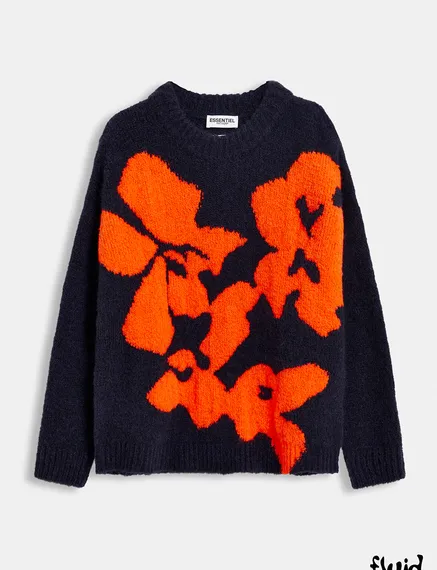 Navy blue and red floral intarsia-knitted sweater