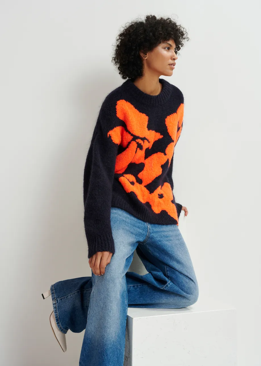 Navy blue and red floral intarsia-knitted sweater