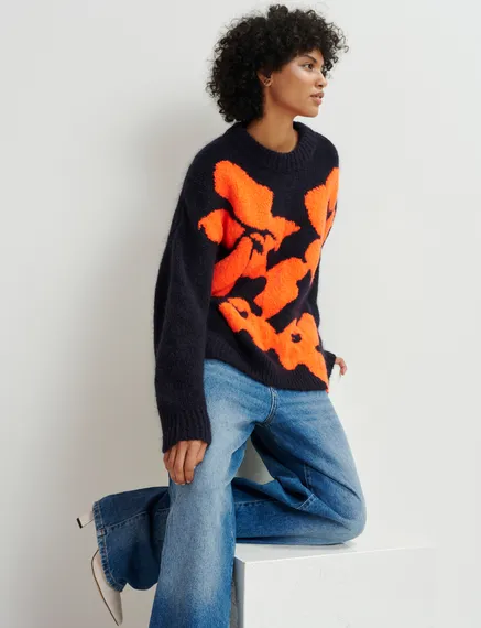 Navy blue and red floral intarsia-knitted sweater