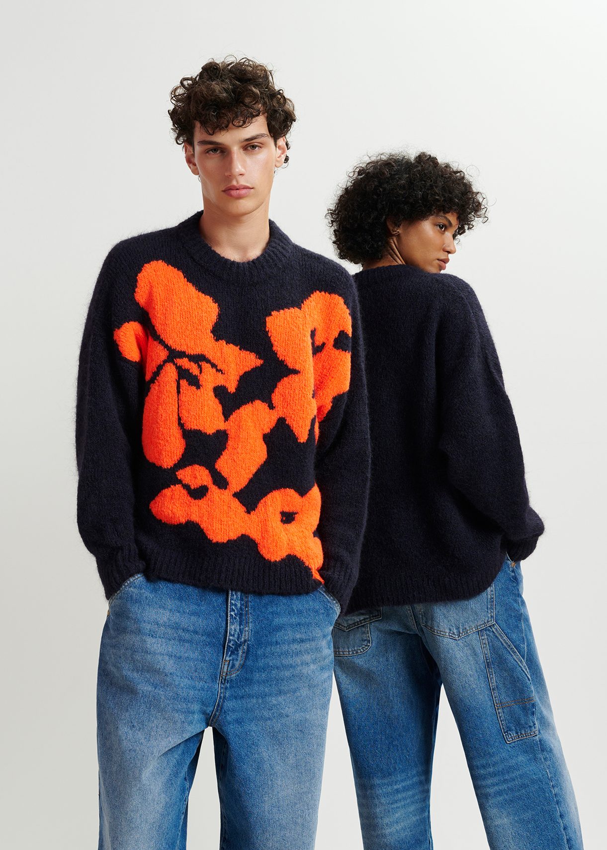 Navy blue and red floral intarsia-knitted sweater | Essentiel