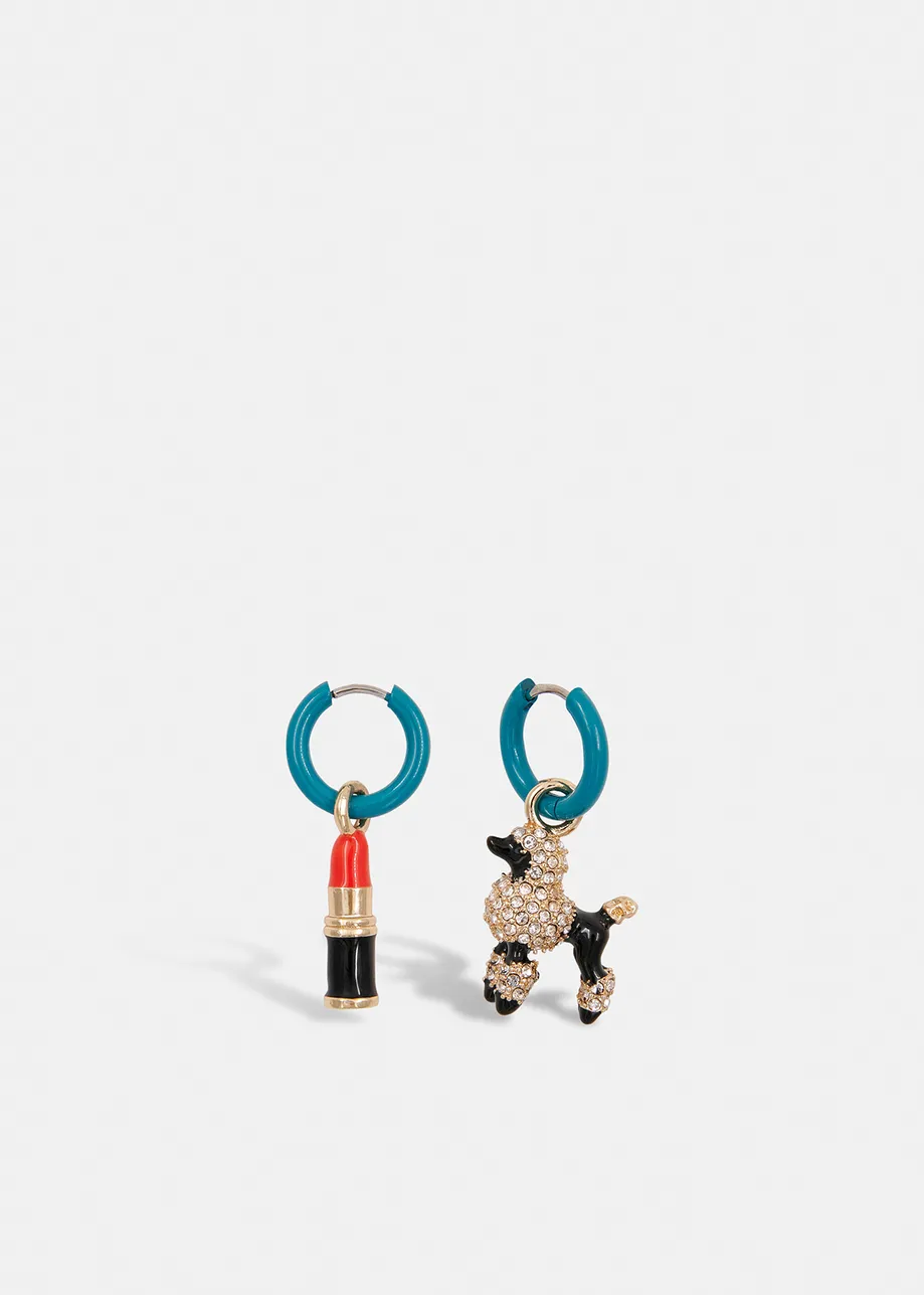 Blue hoop earrings with lipstick and poodle pendants