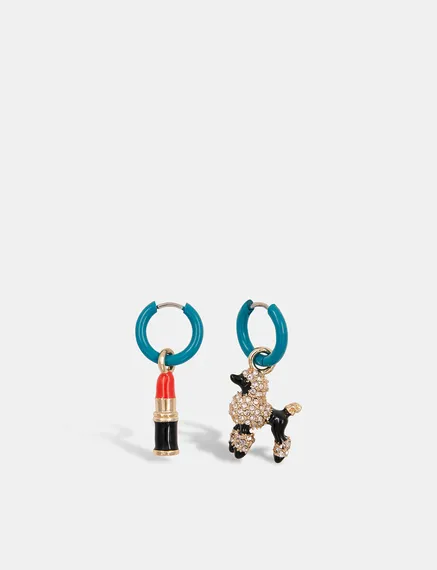 Blue hoop earrings with lipstick and poodle pendants