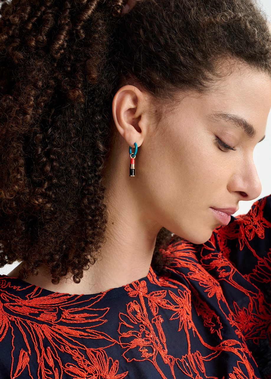 Blue hoop earrings with lipstick and poodle pendants