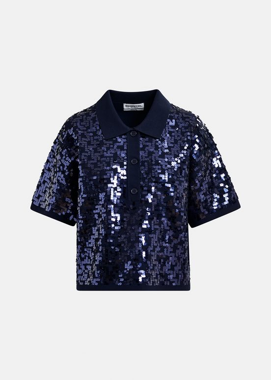 Navy blue sequin-embellished polo top