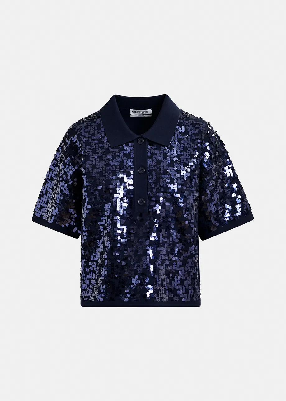 Navy blue sequin-embellished polo top