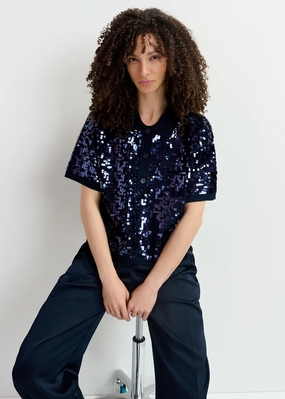 Navy blue sequin-embellished polo top