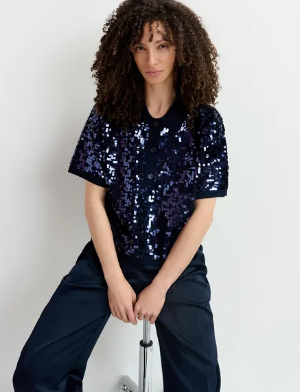 Navy blue sequin-embellished polo top