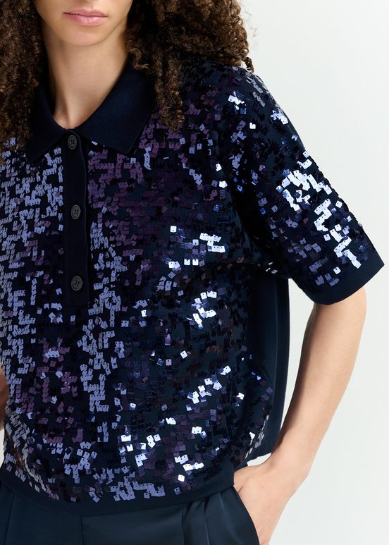 Navy blue sequin-embellished polo top