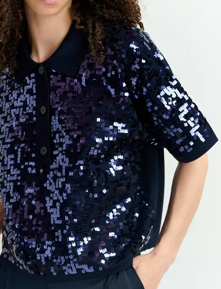 Navy blue sequin-embellished polo top